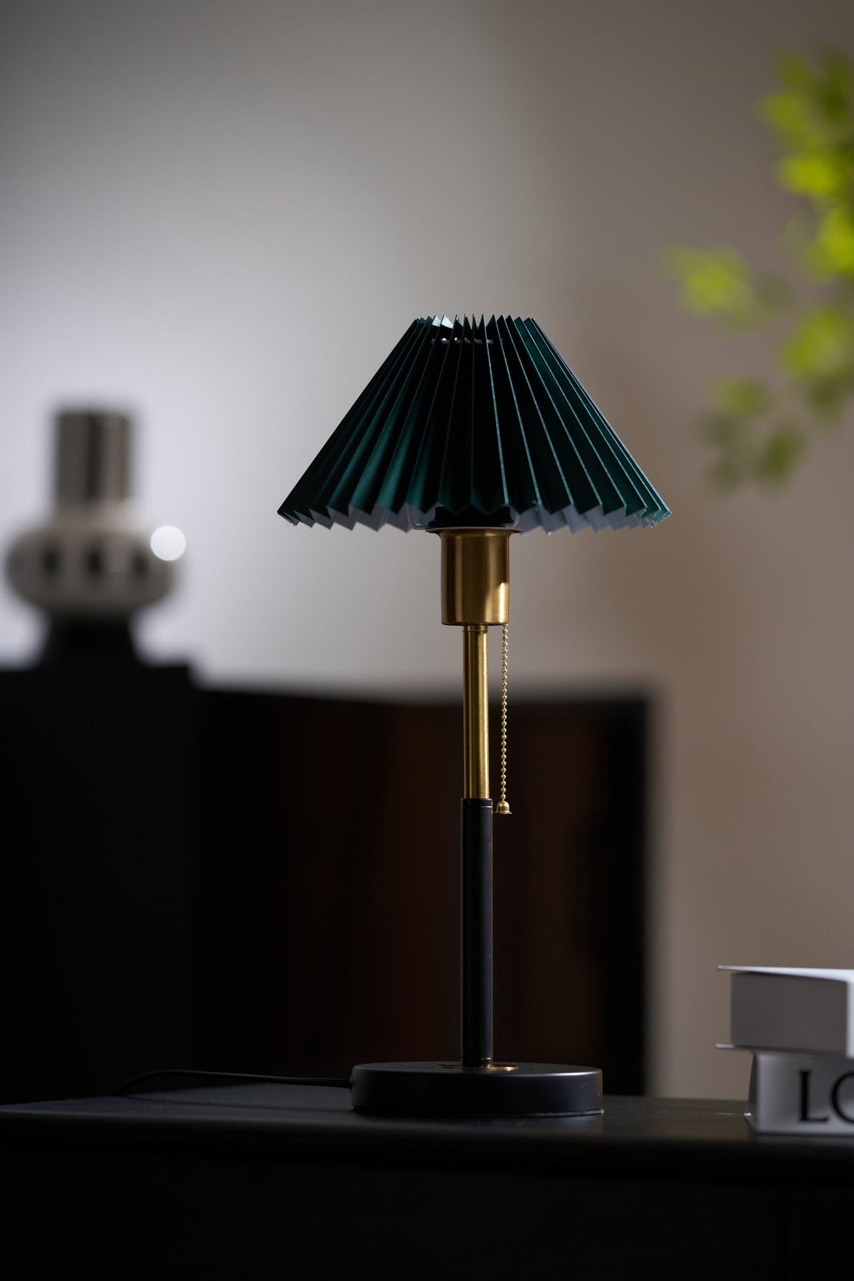 Lumi Pleated Table Lamp – Velvet Shade, Brass & Black Metal Base