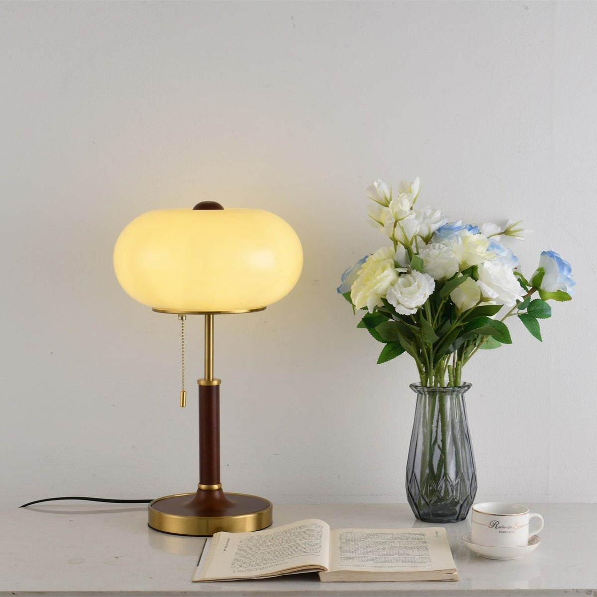 Liora Lantern Table Lamp – Walnut Wood & Amber Glass LED
