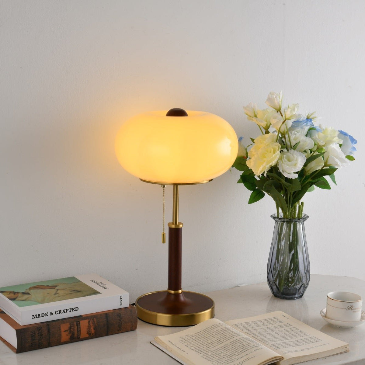 Liora Lantern Table Lamp – Walnut Wood & Amber Glass LED