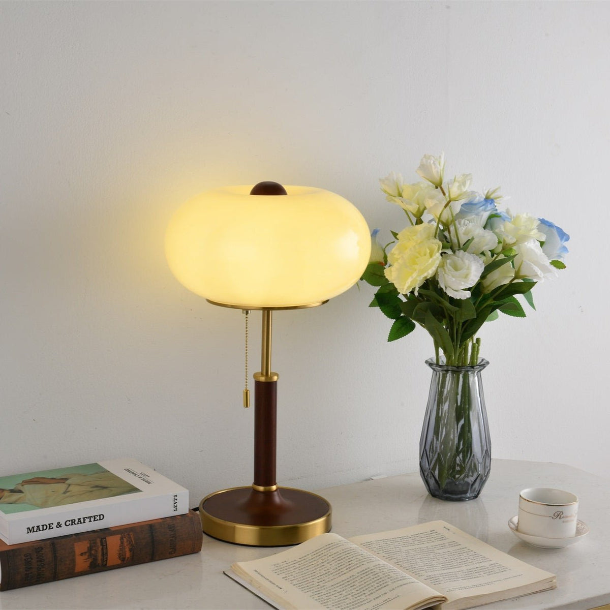 Liora Lantern Table Lamp – Walnut Wood & Amber Glass LED