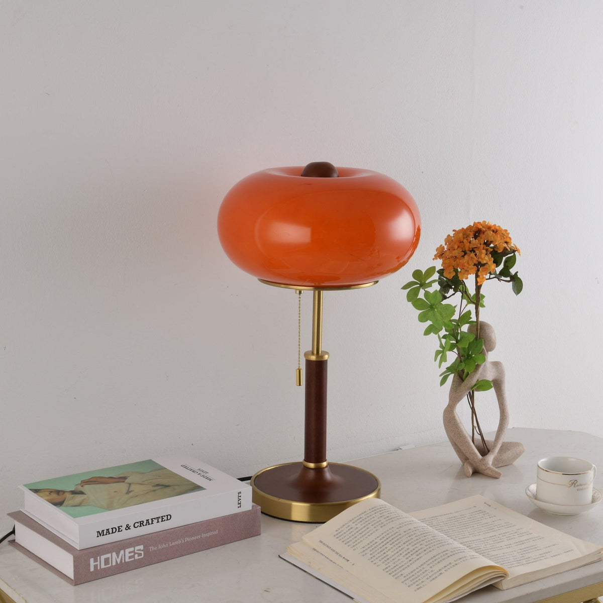 Liora Lantern Table Lamp – Walnut Wood & Amber Glass LED
