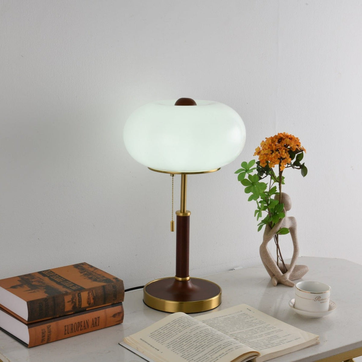 Liora Lantern Table Lamp – Walnut Wood & Amber Glass LED