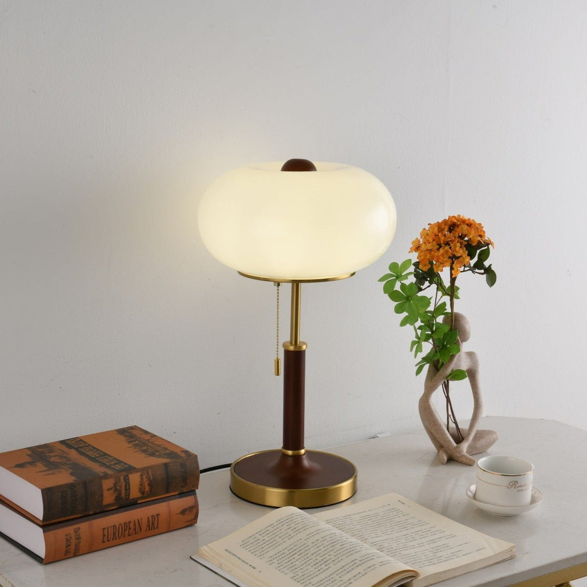 Liora Lantern Table Lamp – Walnut Wood & Amber Glass LED