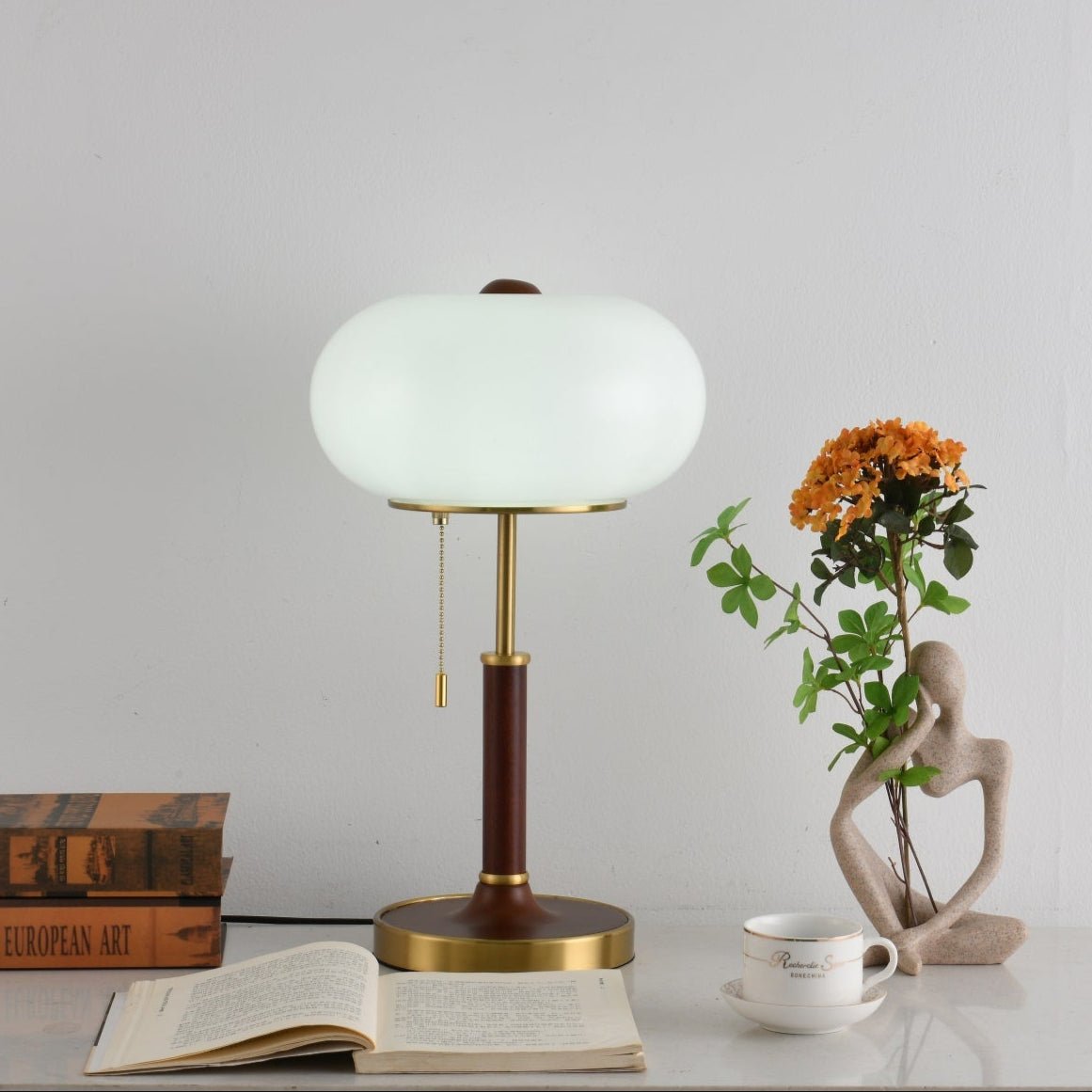 Liora Lantern Table Lamp – Walnut Wood & Amber Glass LED