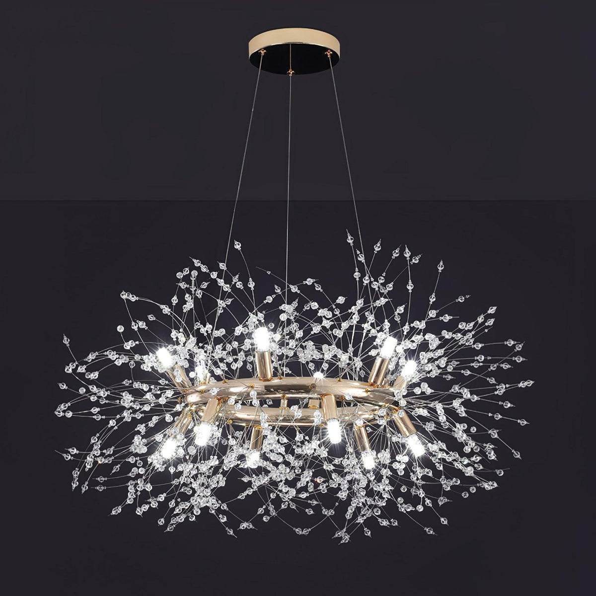 Dandelion Round Crystal Chandelier Modern Gold LED Pendant Light for Dining Room