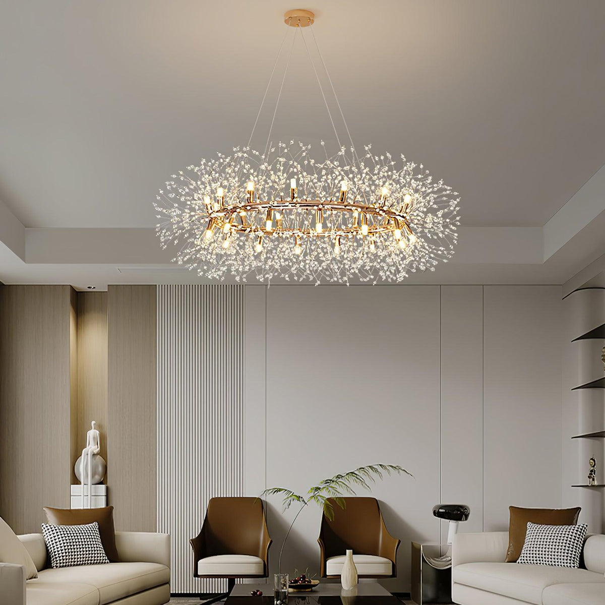 Dandelion Round Crystal Chandelier Modern Gold LED Pendant Light for Dining Room