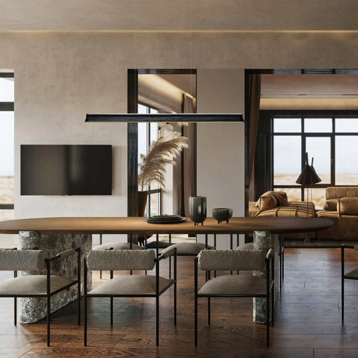Danqiu Linear LED Chandelier in Wood and Metal for Modern Dining Rooms