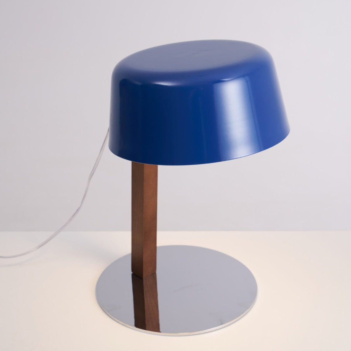 Dario Tilted Table Lamp – Modern Blue Shade, Walnut Wood & Chrome