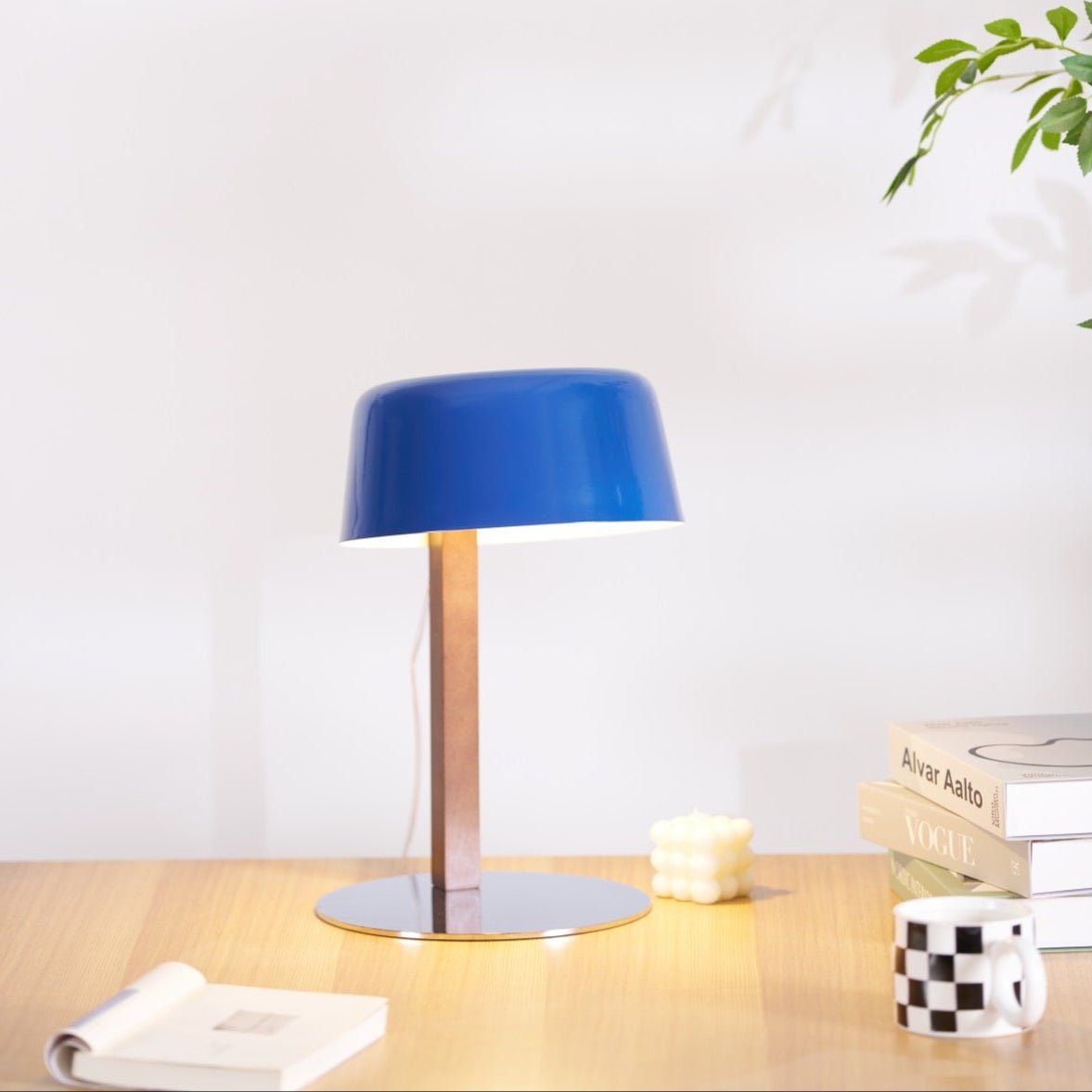 Dario Tilted Table Lamp – Modern Blue Shade, Walnut Wood & Chrome