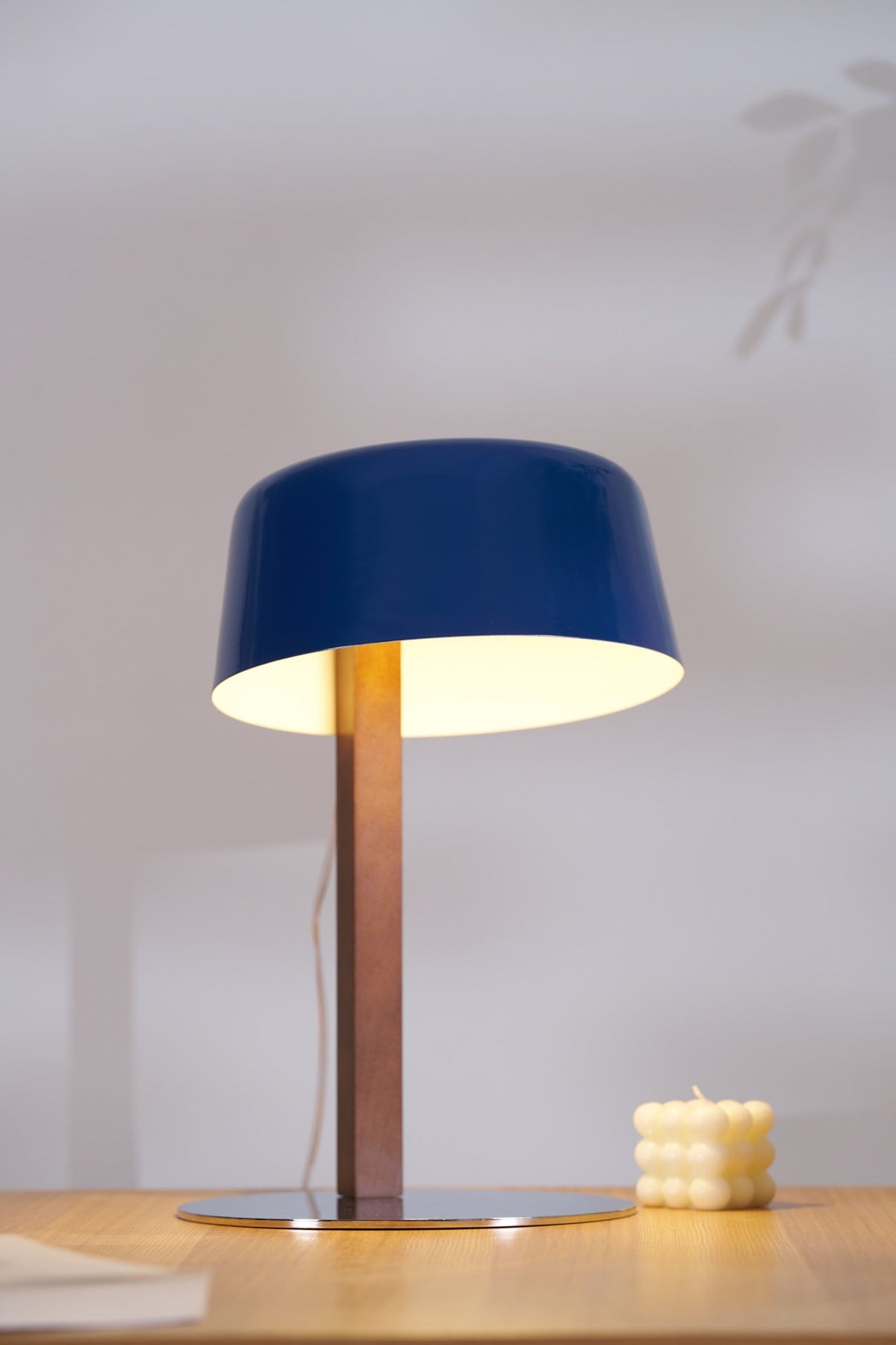 Dario Tilted Table Lamp – Modern Blue Shade, Walnut Wood & Chrome