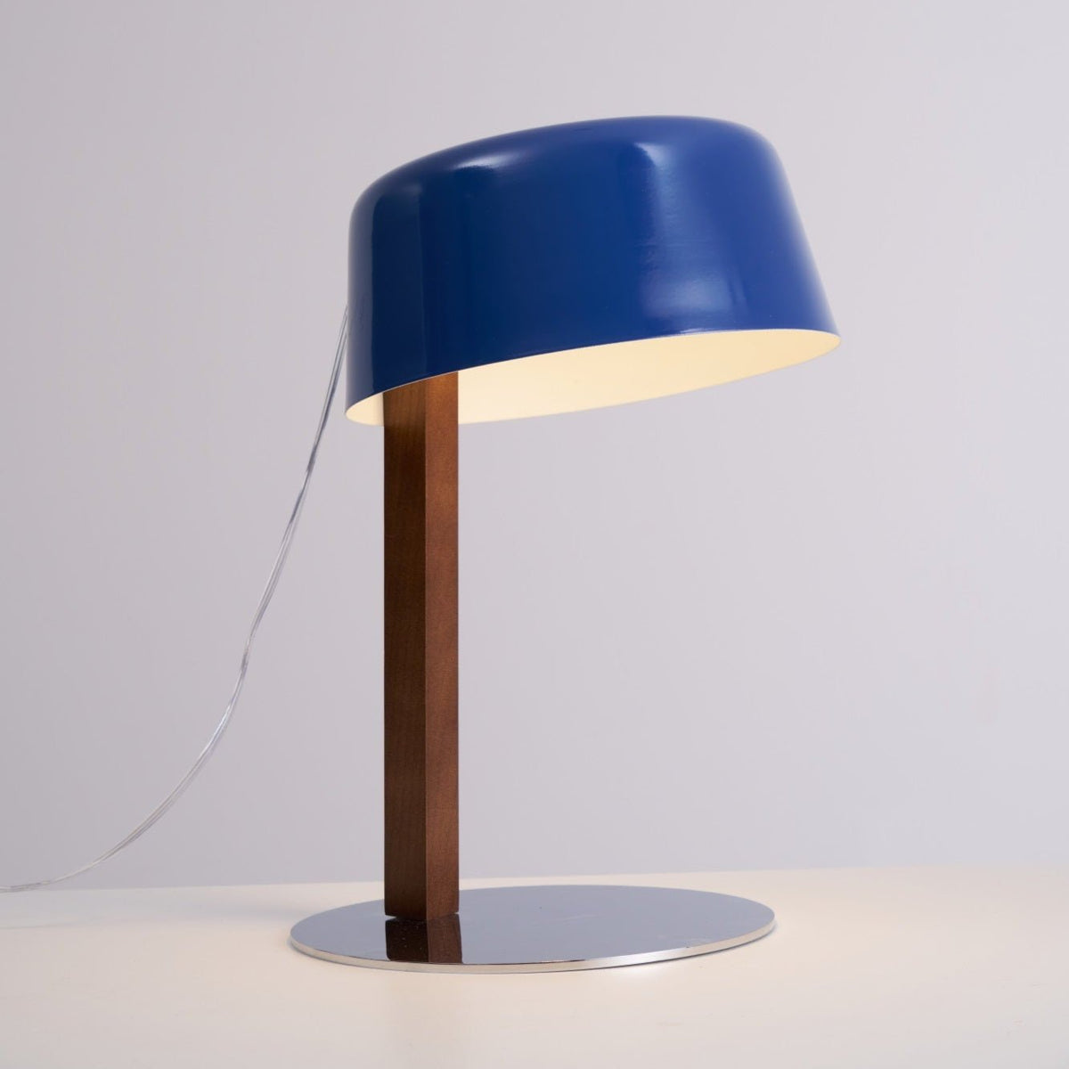 Dario Tilted Table Lamp – Modern Blue Shade, Walnut Wood & Chrome