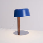 Dario Tilted Table Lamp – Modern Blue Shade, Walnut Wood & Chrome