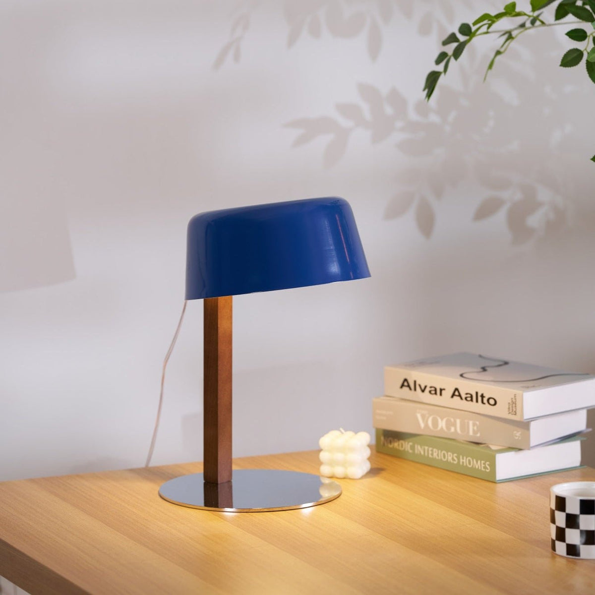 Dario Tilted Table Lamp – Modern Blue Shade, Walnut Wood & Chrome