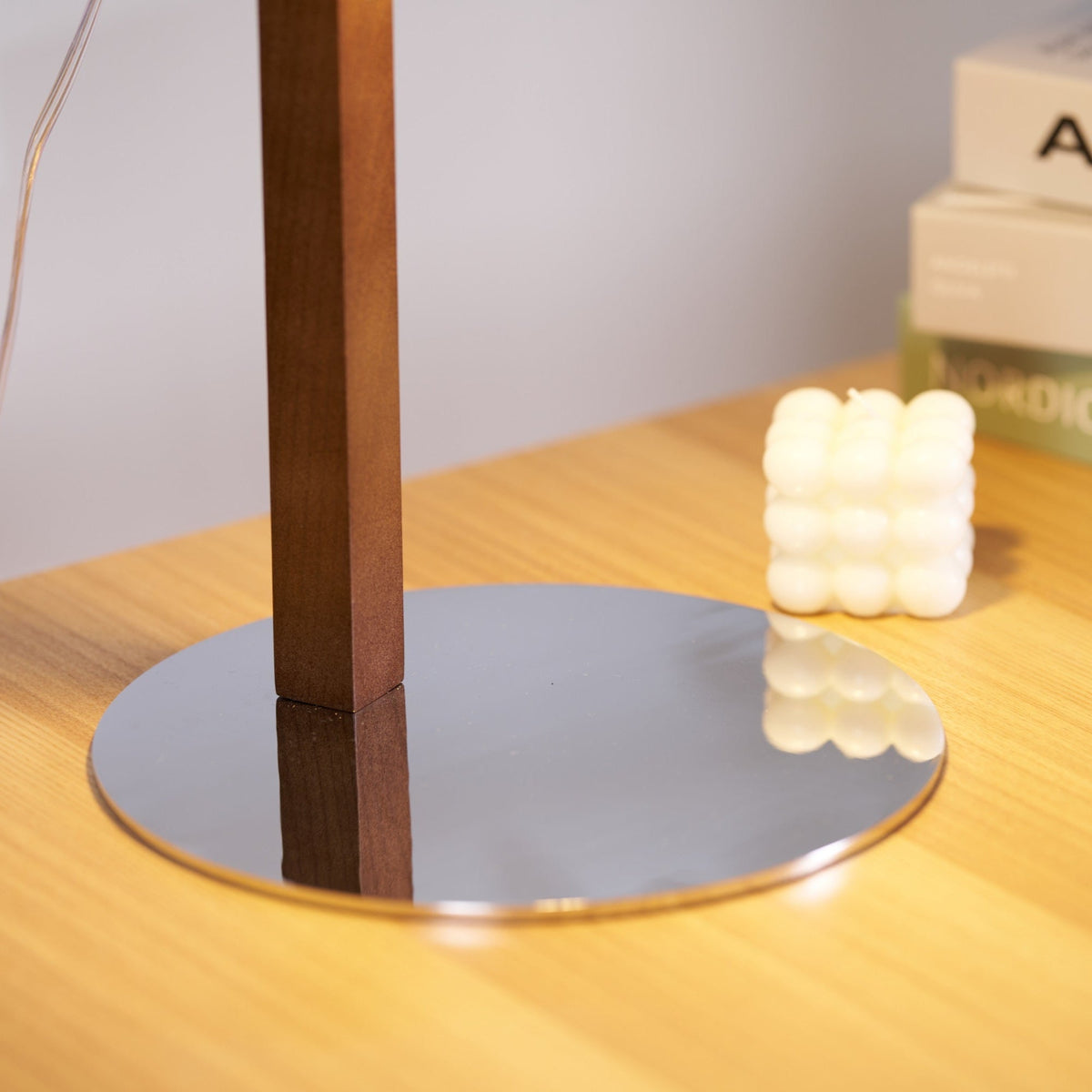 Dario Tilted Table Lamp – Modern Blue Shade, Walnut Wood & Chrome
