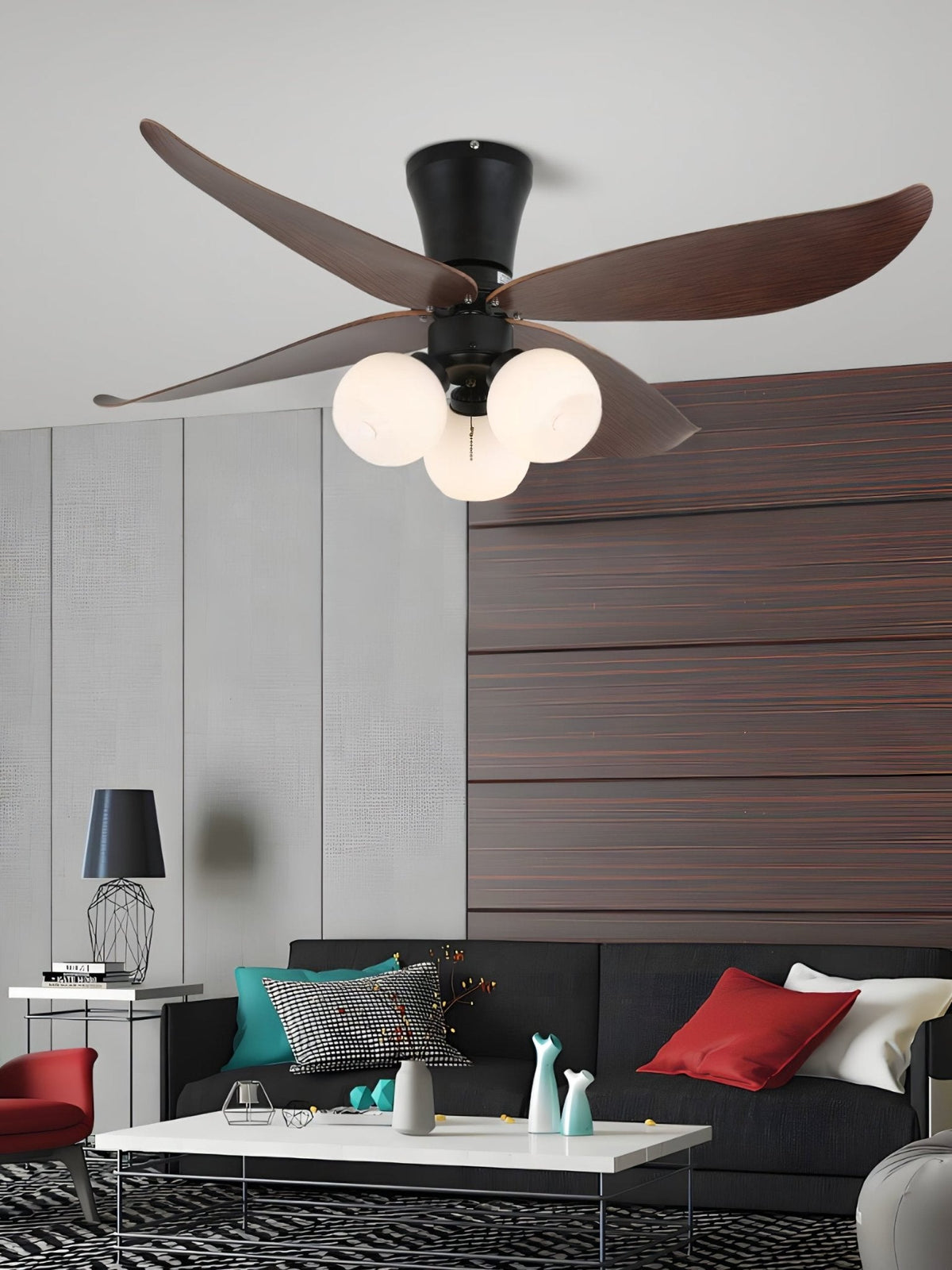 Arbora Bloom Ceiling Fan Light with Walnut Blades and Glass Globes