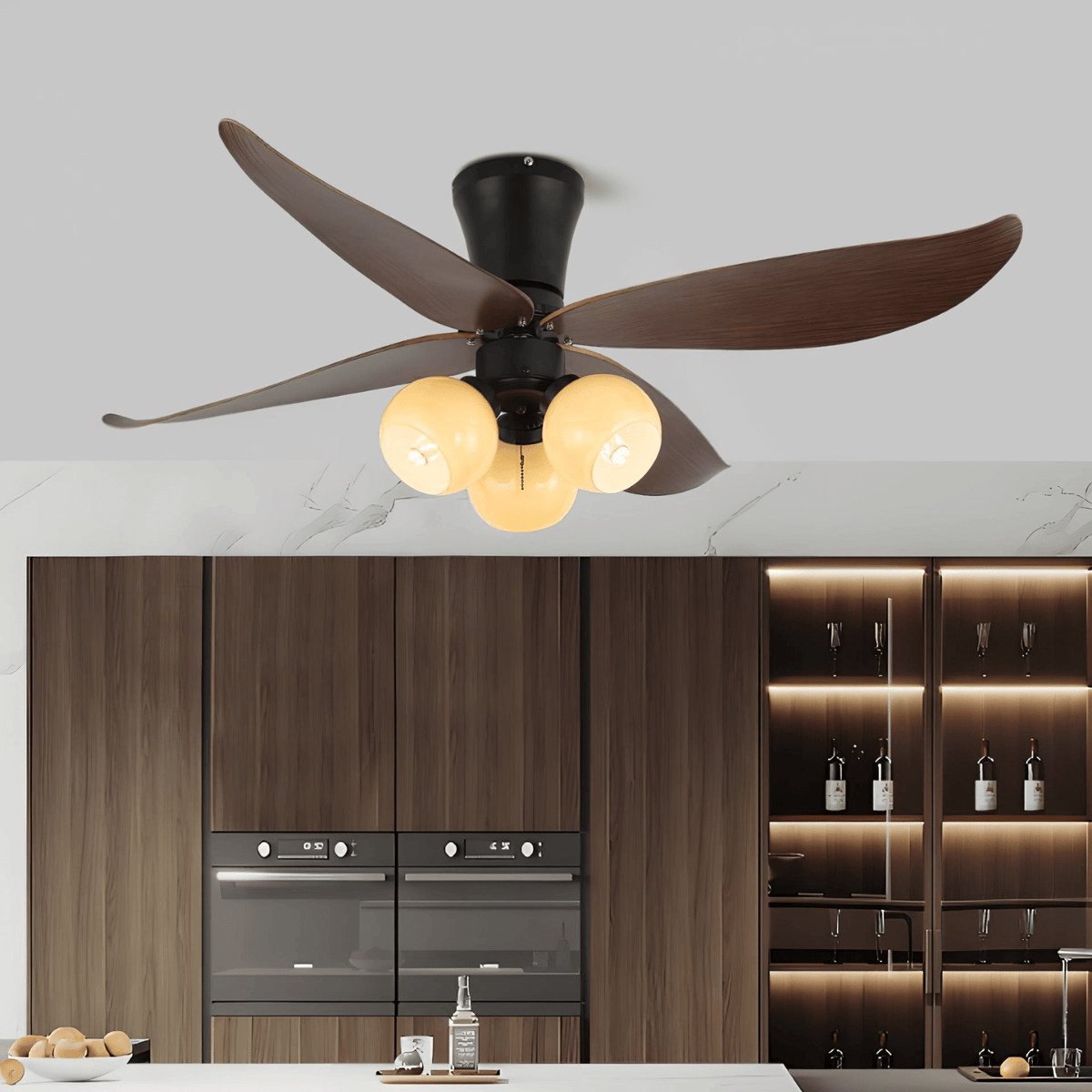 Arbora Bloom Ceiling Fan Light with Walnut Blades and Glass Globes