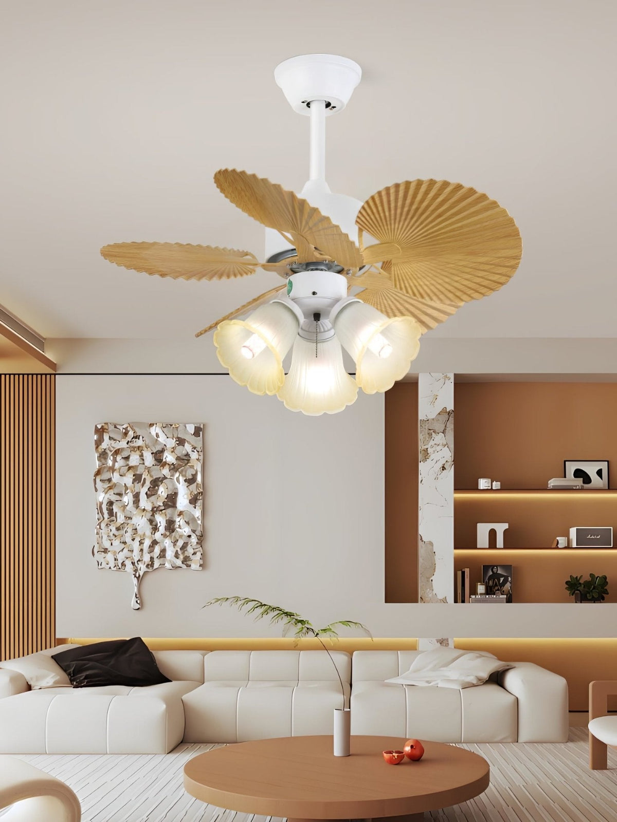 Palmera Bloom Ceiling Fan with Light, Coastal Leaf Blades & Scalloped Glass Shades