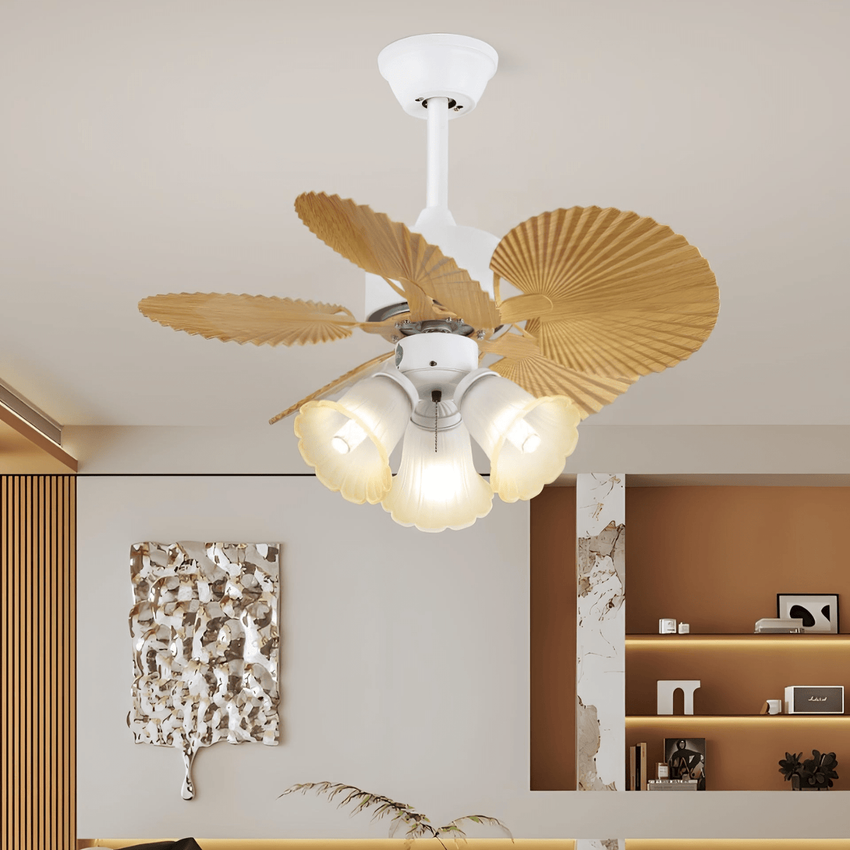 Palmera Bloom Ceiling Fan with Light, Coastal Leaf Blades & Scalloped Glass Shades