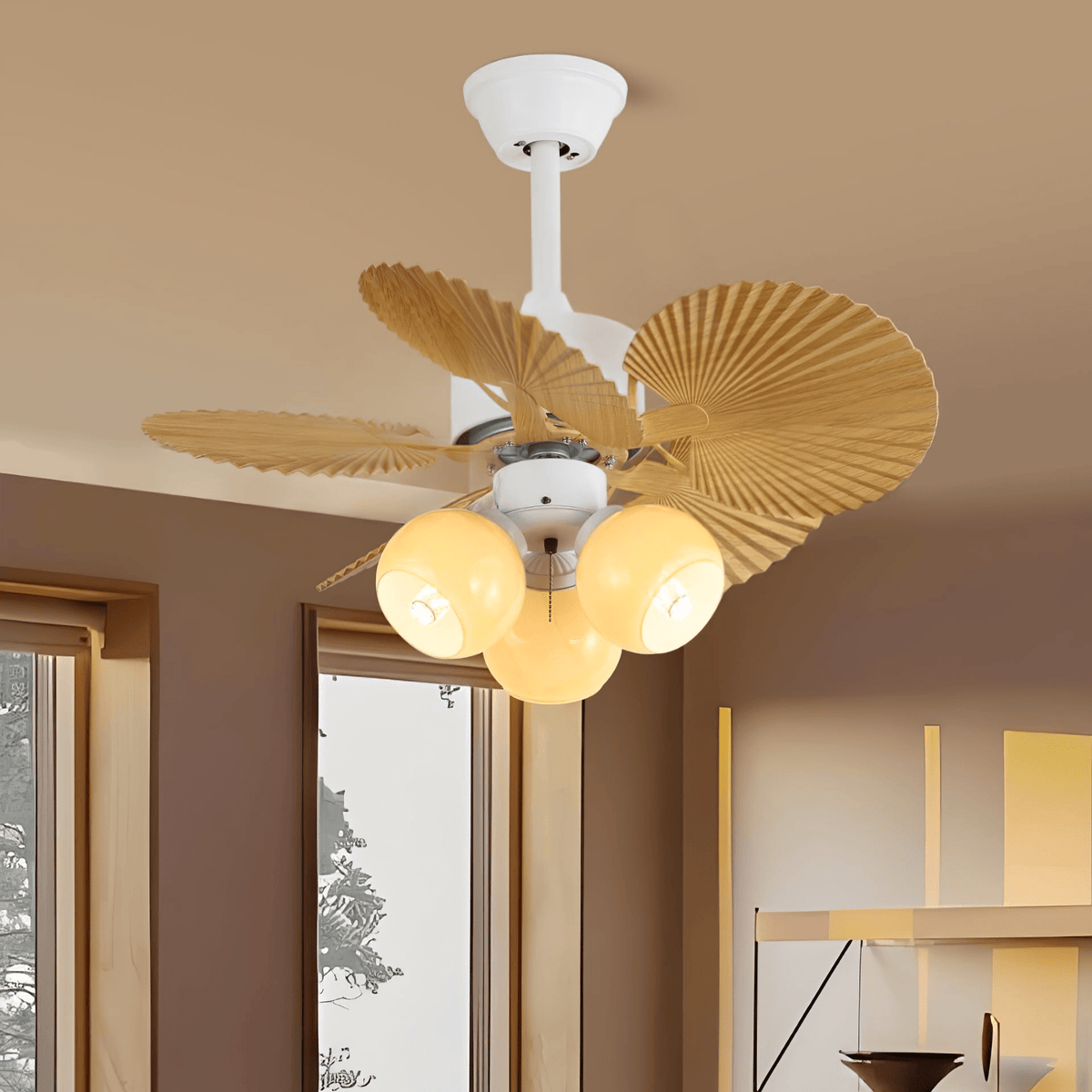 Palmera Bloom Ceiling Fan with Light, Coastal Leaf Blades & Scalloped Glass Shades