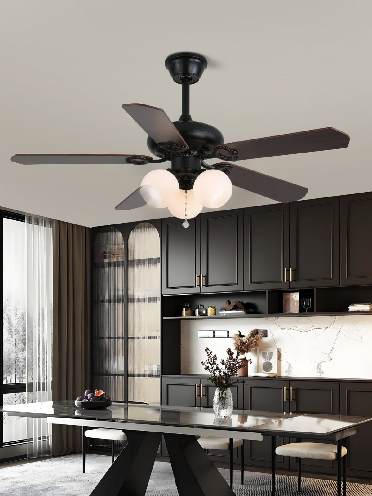 Calantha Bloom Ceiling Fan Light with Scalloped Glass Shades and Wood Blades