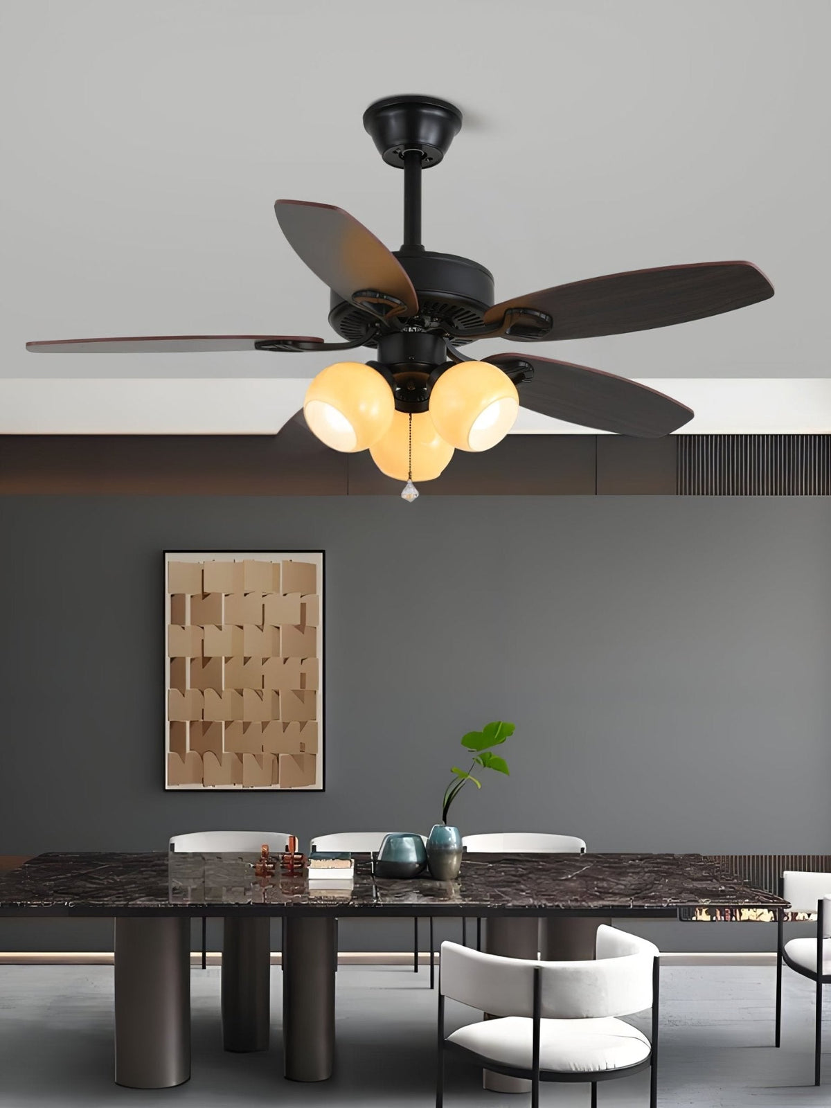 Calantha Bloom Ceiling Fan Light with Scalloped Glass Shades and Wood Blades