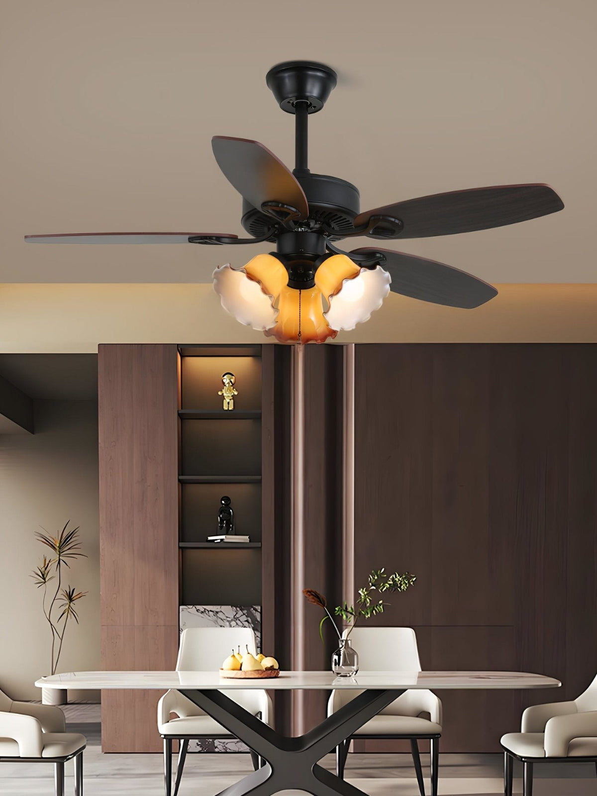 Calantha Bloom Ceiling Fan Light with Scalloped Glass Shades and Wood Blades