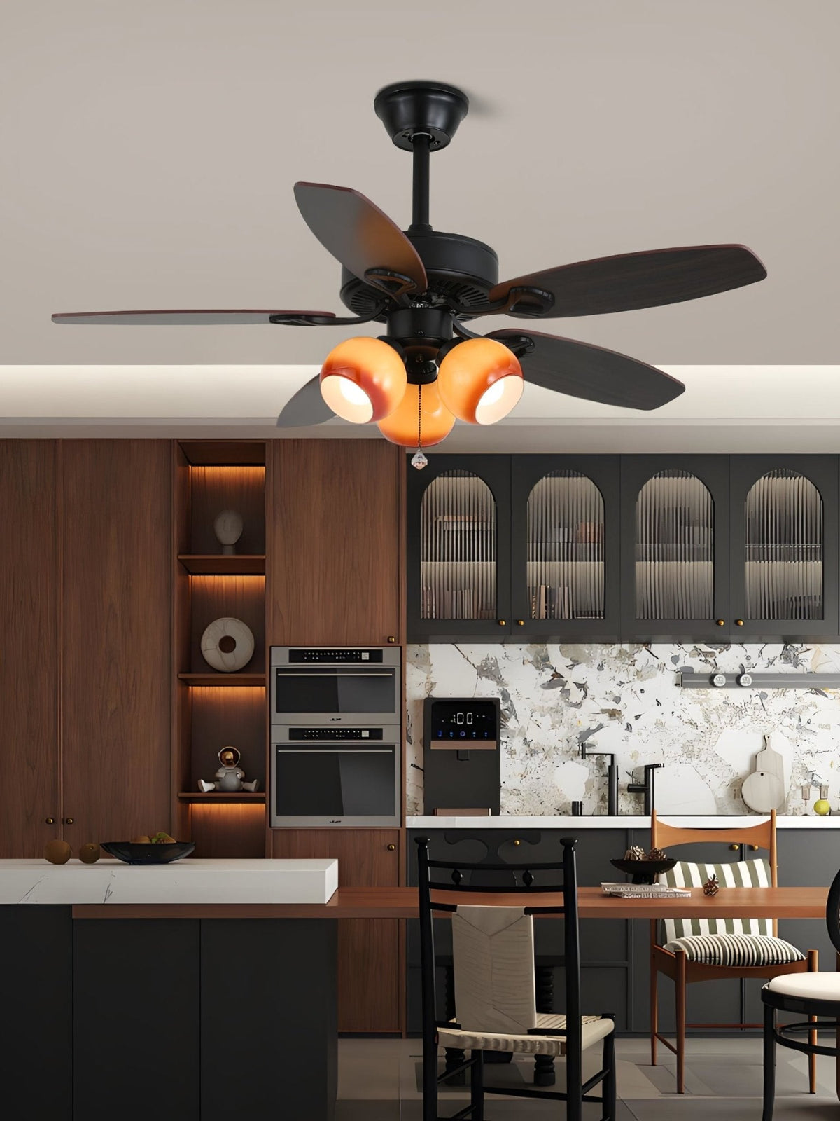 Calantha Bloom Ceiling Fan Light with Scalloped Glass Shades and Wood Blades