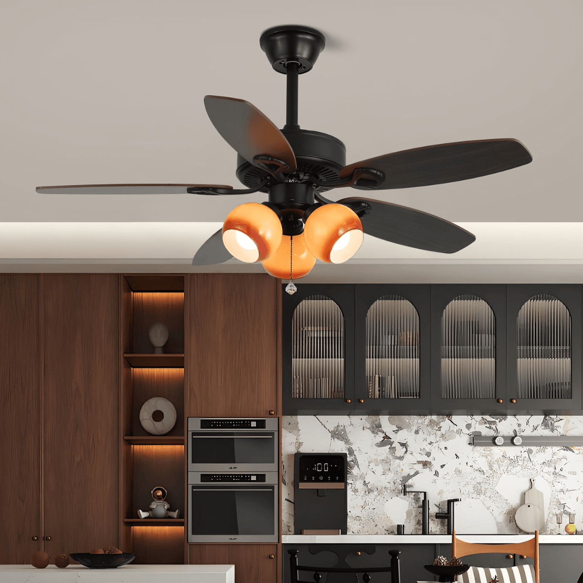 Calantha Bloom Ceiling Fan Light with Scalloped Glass Shades and Wood Blades