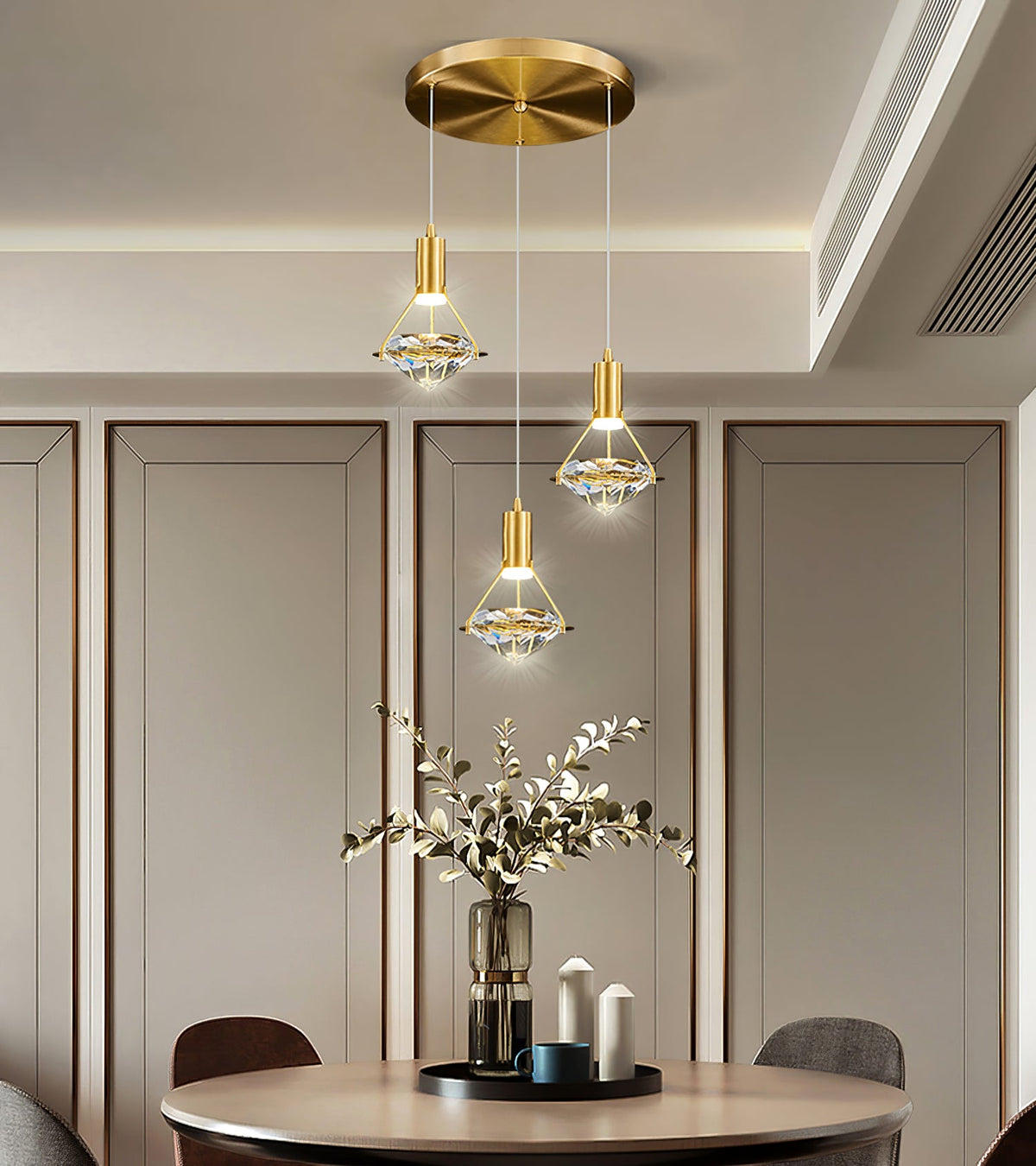 Diamond Crystal Pendant Light in Brass | Modern LED Hanging Lamp for Dining Room and Living Room
