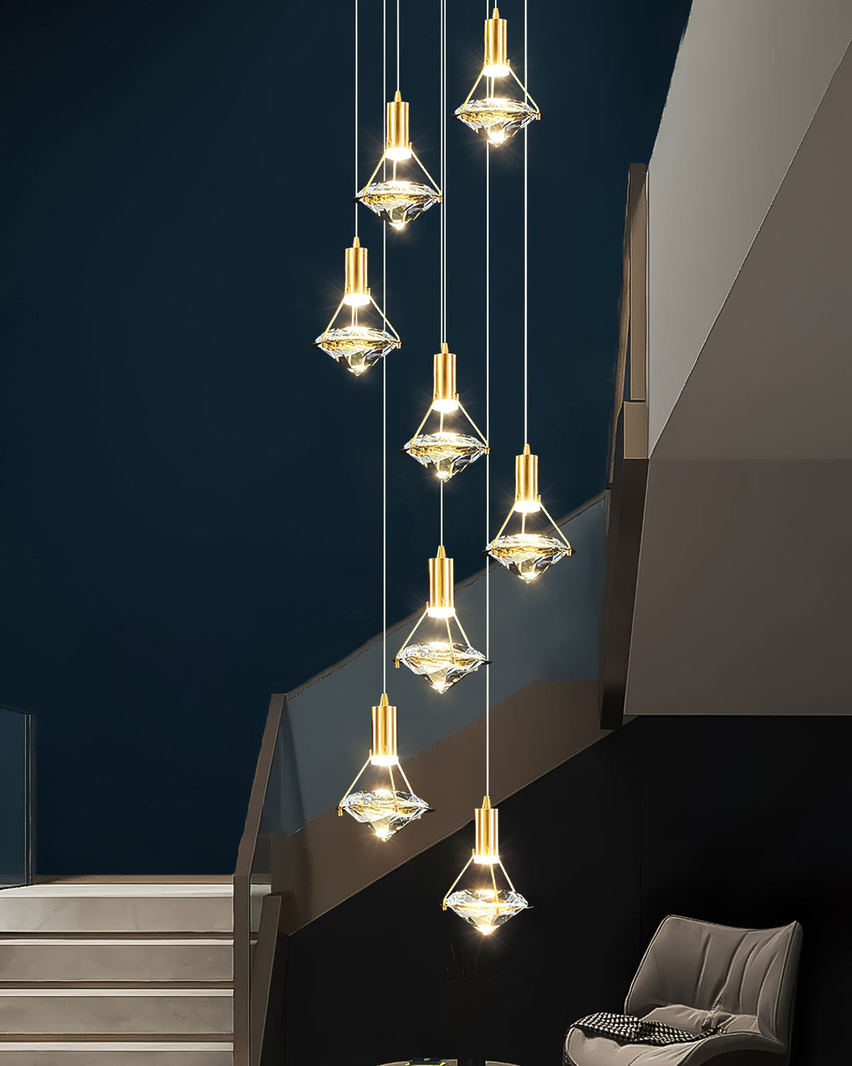 Diamond Crystal Pendant Light in Brass | Modern LED Hanging Lamp for Dining Room and Living Room