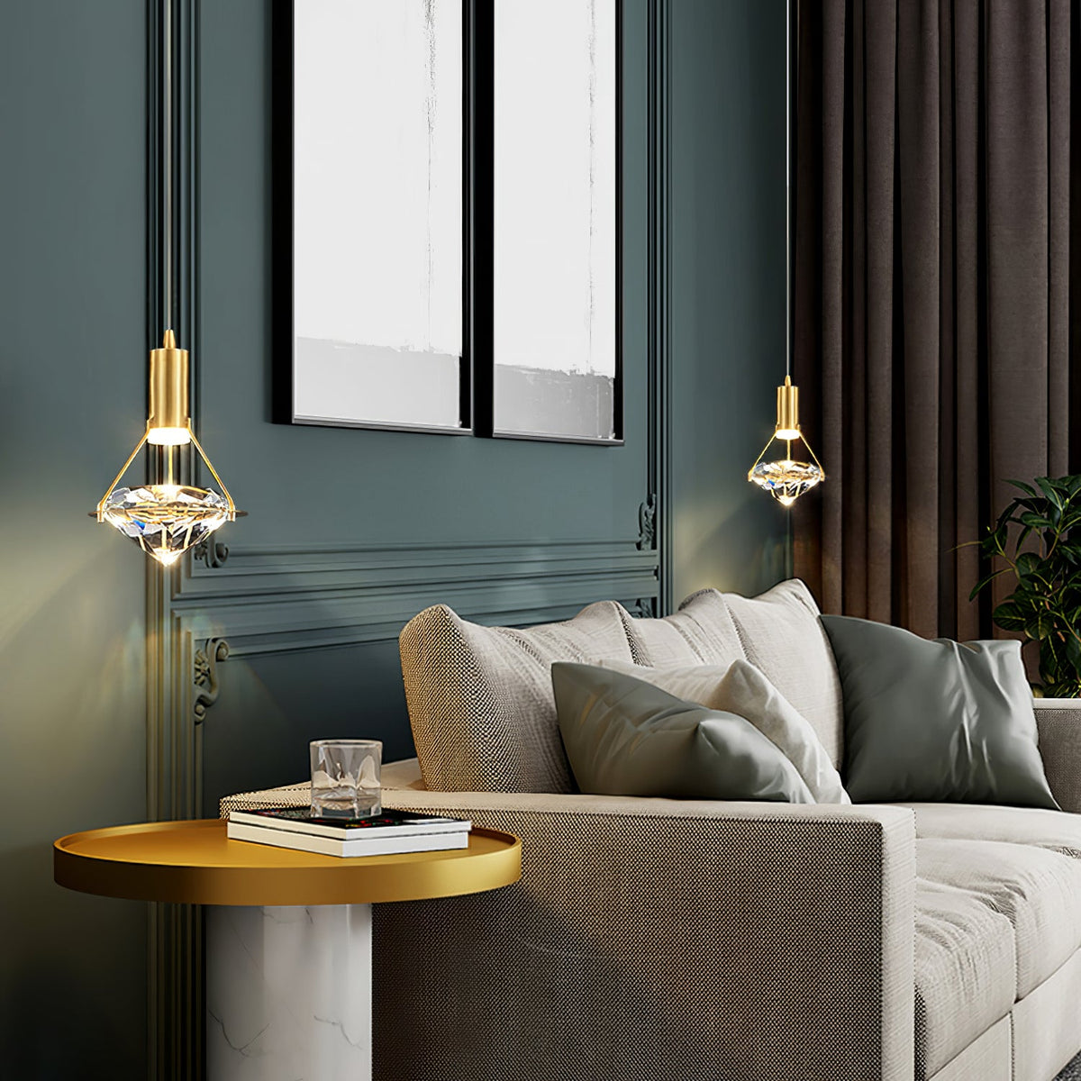 Diamond Crystal Pendant Light in Brass | Modern LED Hanging Lamp for Dining Room and Living Room