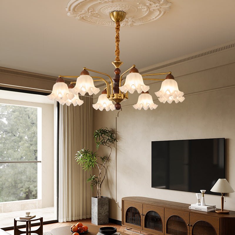 Dioris Modern Glass Chandelier with Wood and Gold Accents for Dining Room and Living Room