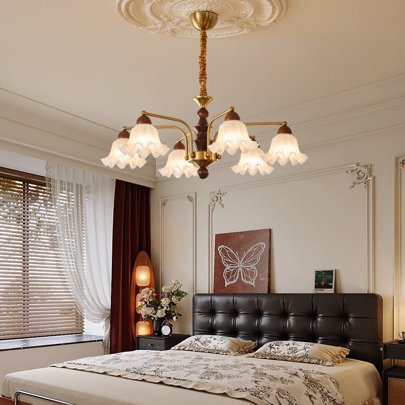 Dioris Modern Glass Chandelier with Wood and Gold Accents for Dining Room and Living Room