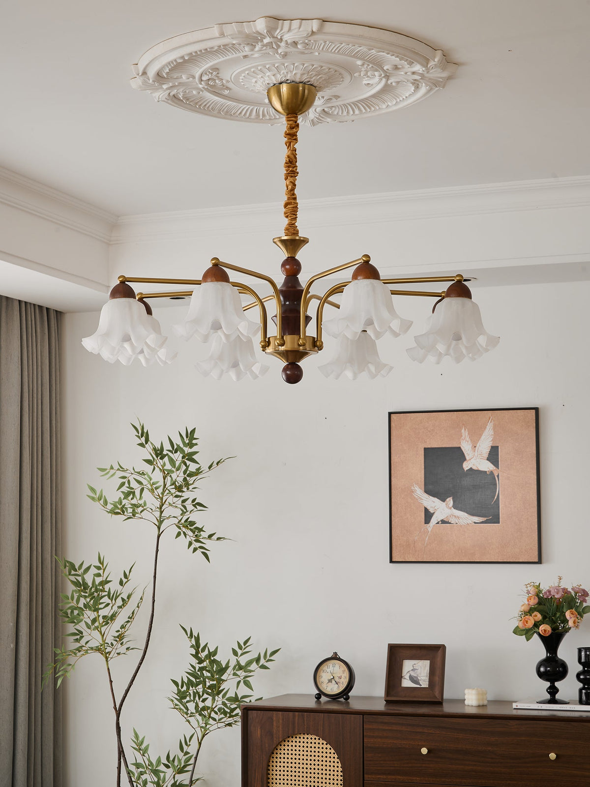 Dioris Modern Glass Chandelier with Wood and Gold Accents for Dining Room and Living Room