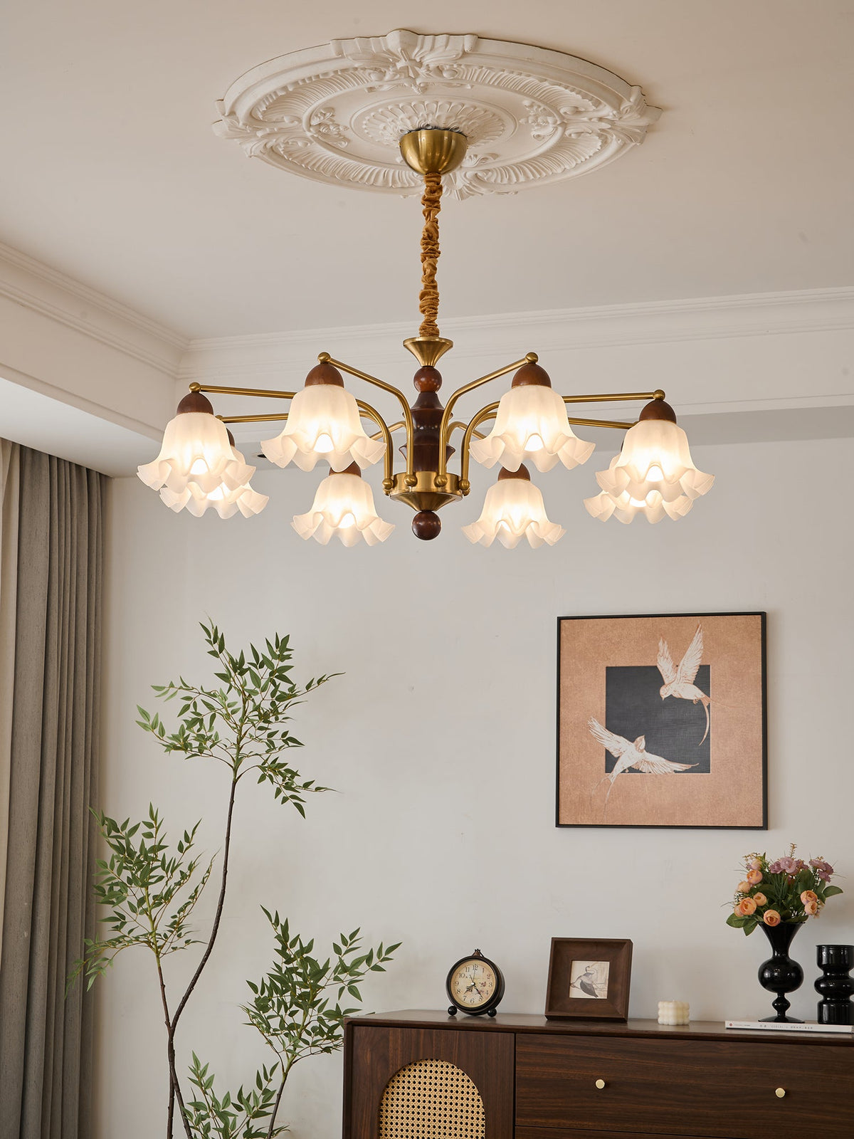 Dioris Modern Glass Chandelier with Wood and Gold Accents for Dining Room and Living Room