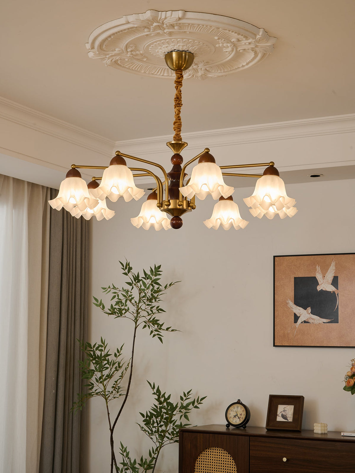 Dioris Modern Glass Chandelier with Wood and Gold Accents for Dining Room and Living Room