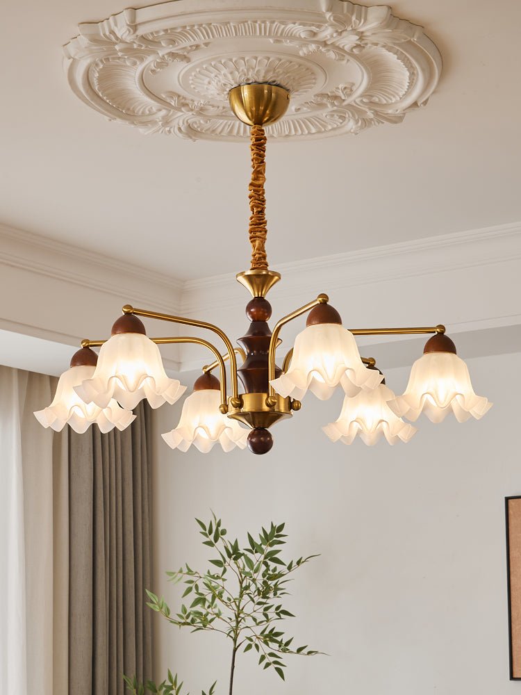 Dioris Modern Glass Chandelier with Wood and Gold Accents for Dining Room and Living Room