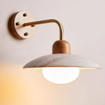 Travertine Dome Wall Sconce with Brass Arm and Wood Accent