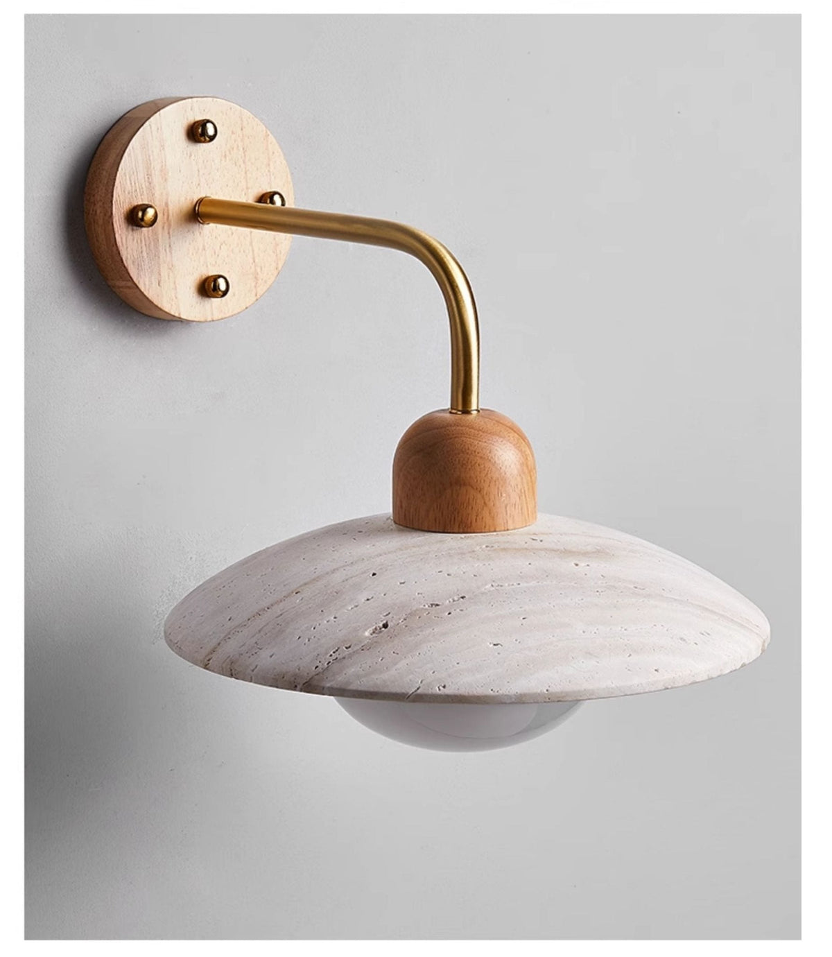 Travertine Dome Wall Sconce with Brass Arm and Wood Accent