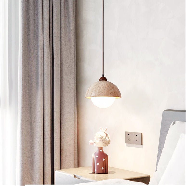 Dome Travertine Pendant Light in Natural Stone with Opal Glass
