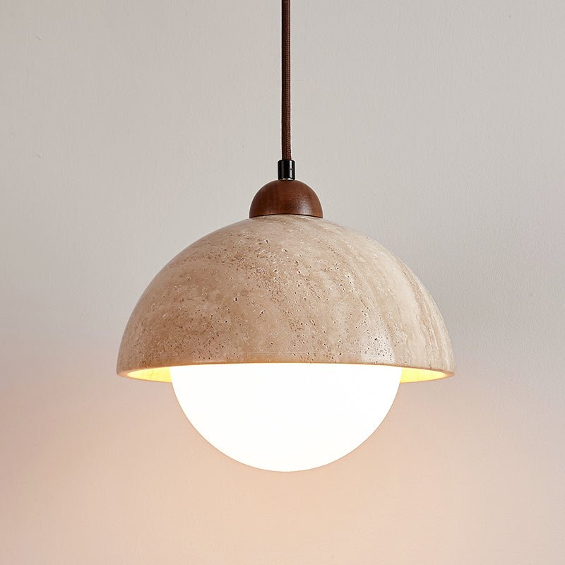 Dome Travertine Pendant Light in Natural Stone with Opal Glass