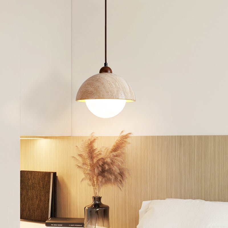 Dome Travertine Pendant Light in Natural Stone with Opal Glass