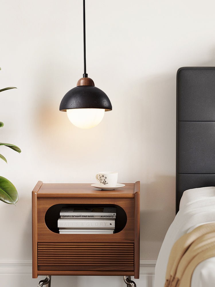 Domewood Pendant Light – Black Travertine & Walnut Modern Hanging Lamp