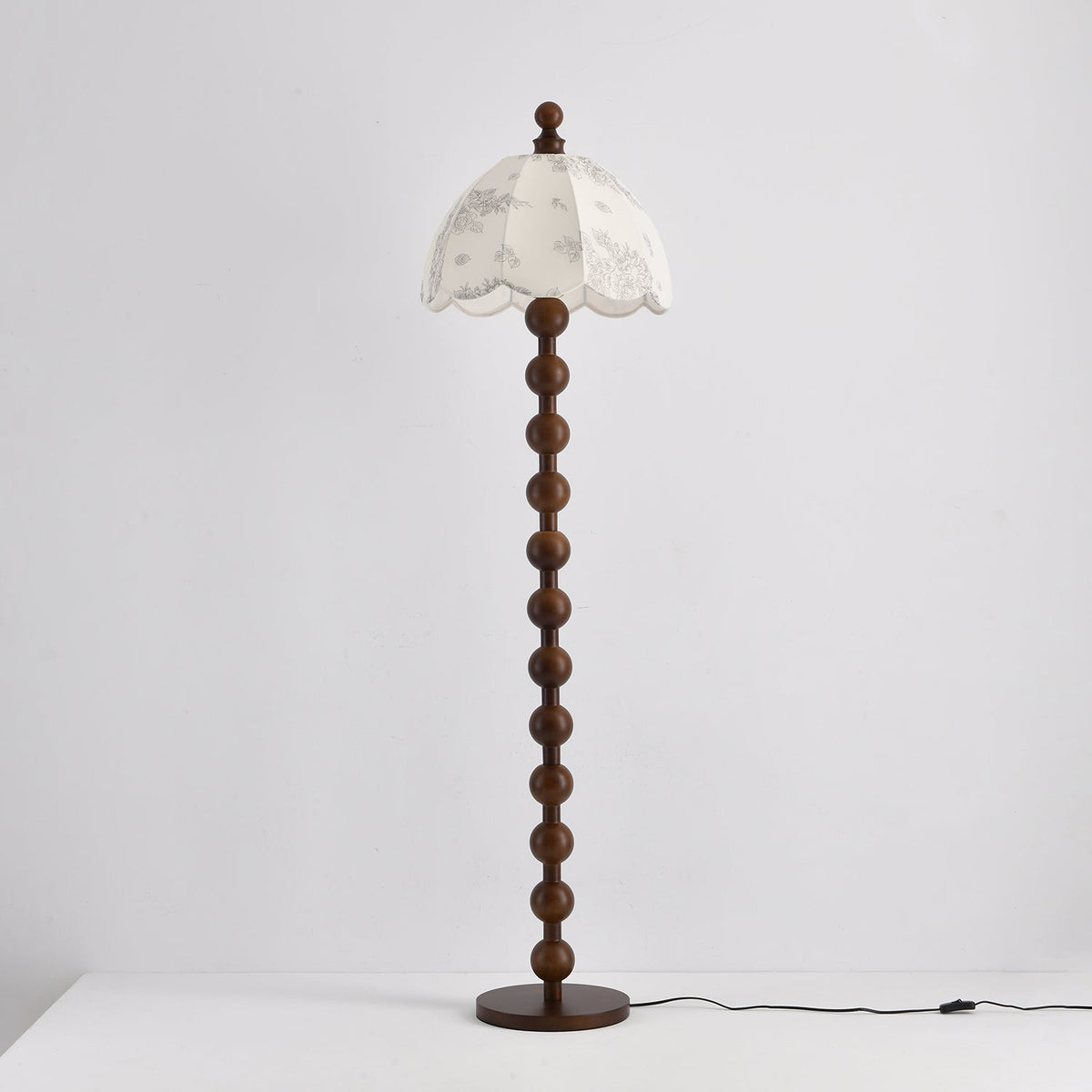 Dottie Belle Walnut Wood Floor Lamp with Scalloped Fabric Shade