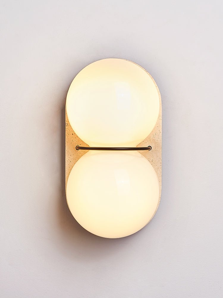 Double Globe Travertine Wall Sconce in Yellow Travertine and Glass