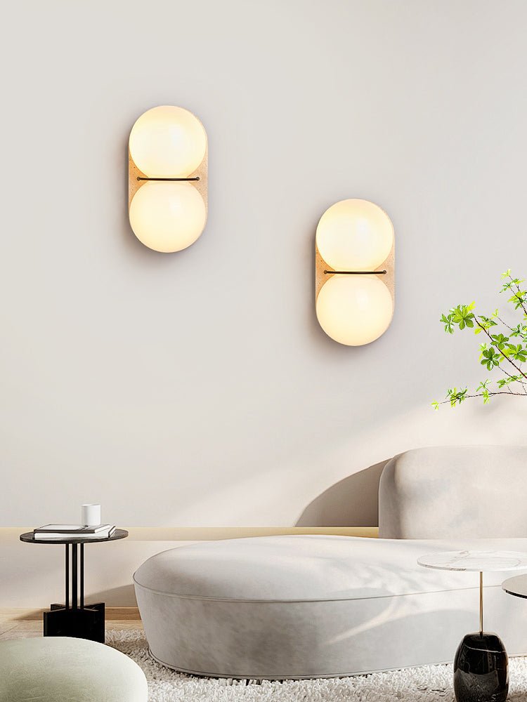 Double Globe Travertine Wall Sconce in Yellow Travertine and Glass