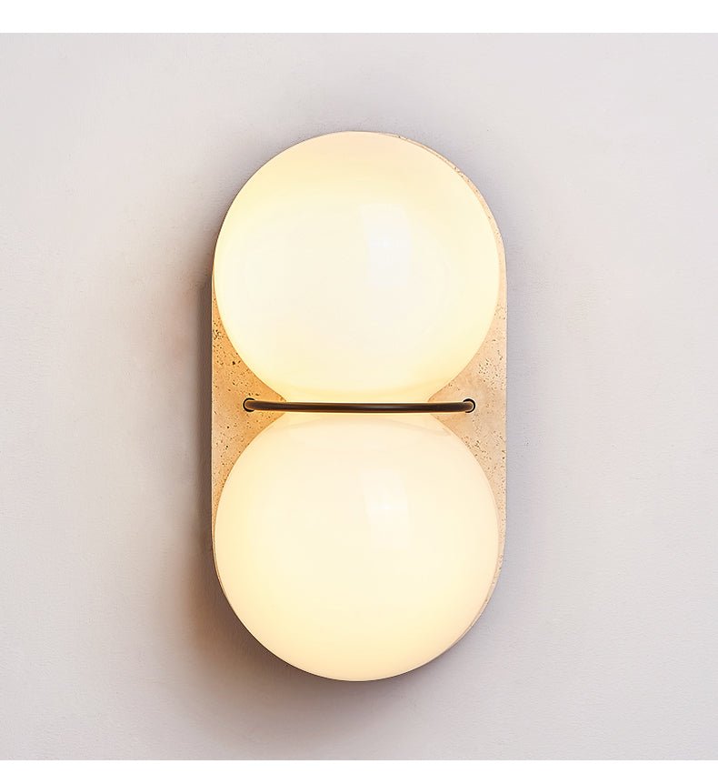 Double Globe Travertine Wall Sconce in Yellow Travertine and Glass