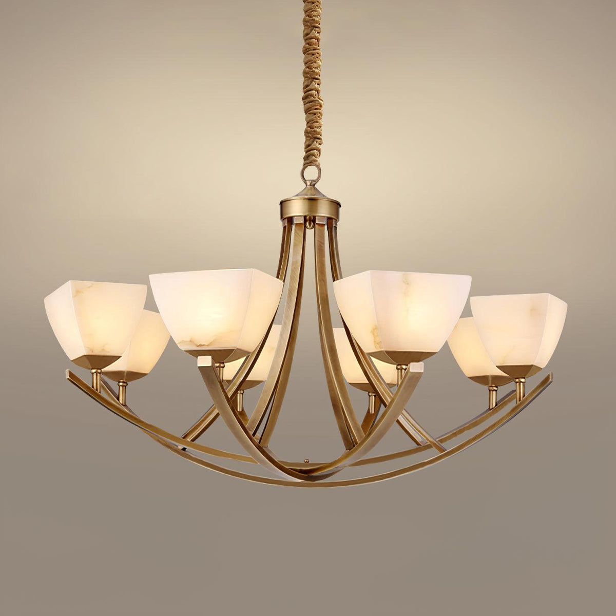 Dover Brass Chandelier with Alabaster Shades – 8-Light Modern Luxury Ceiling Light