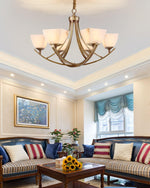 Dover Brass Chandelier with Alabaster Shades – 8-Light Modern Luxury Ceiling Light