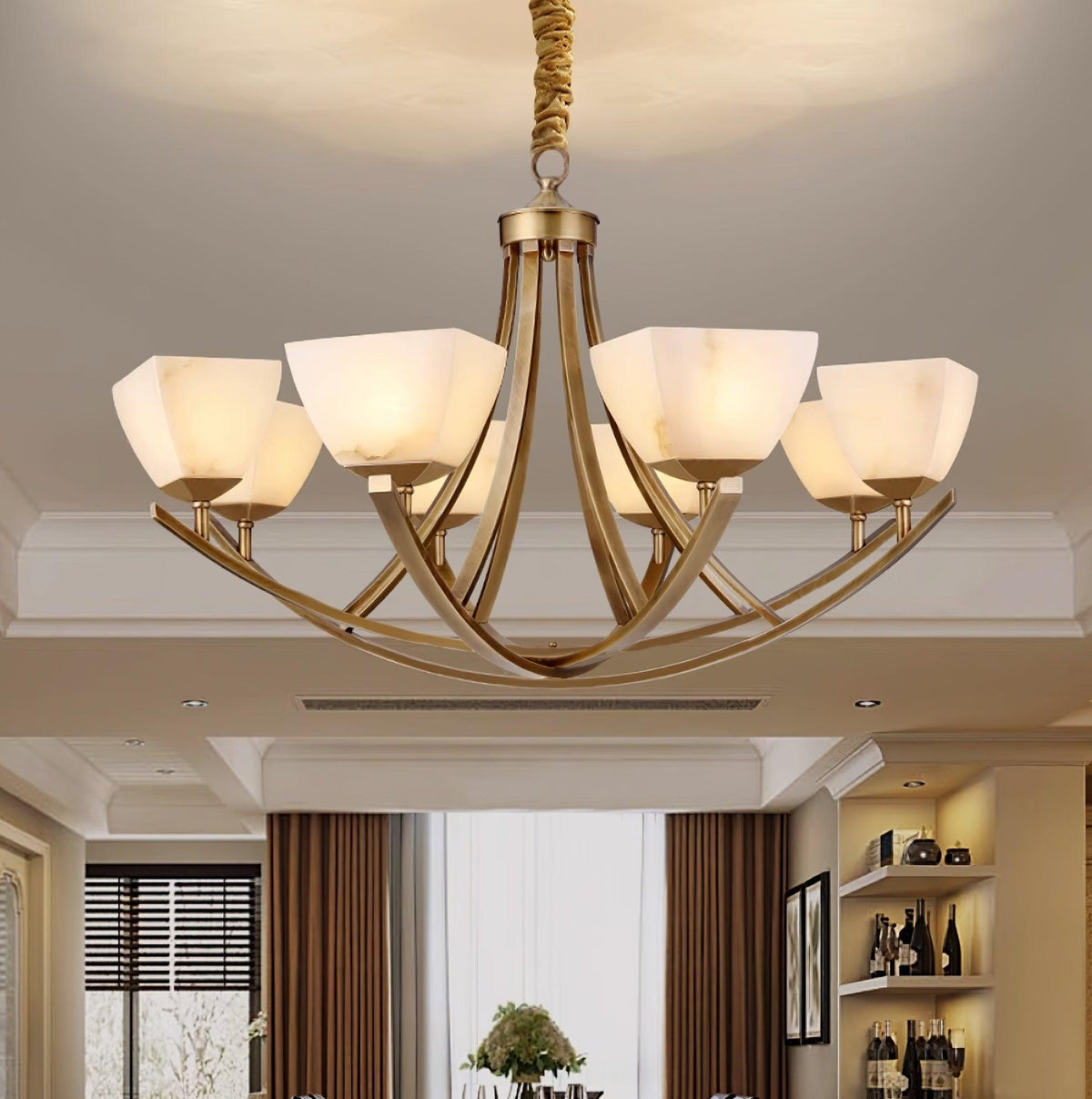 Dover Brass Chandelier with Alabaster Shades – 8-Light Modern Luxury Ceiling Light